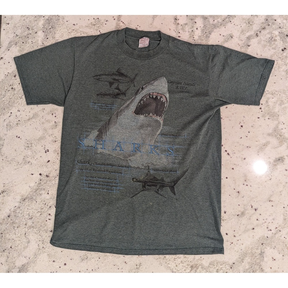 VTG Y2K Made in USA Shark Mens‎ L  T-Shirt Hunter Green 90s Animals Nature Ocean